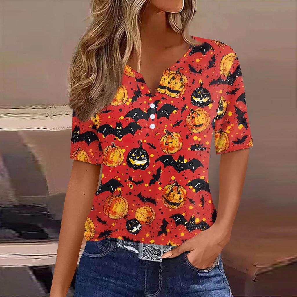 Women's T Shirt Halloween Print Button Short Sleeve Daily Weekend Fashion Basic V- Neck Regular Top