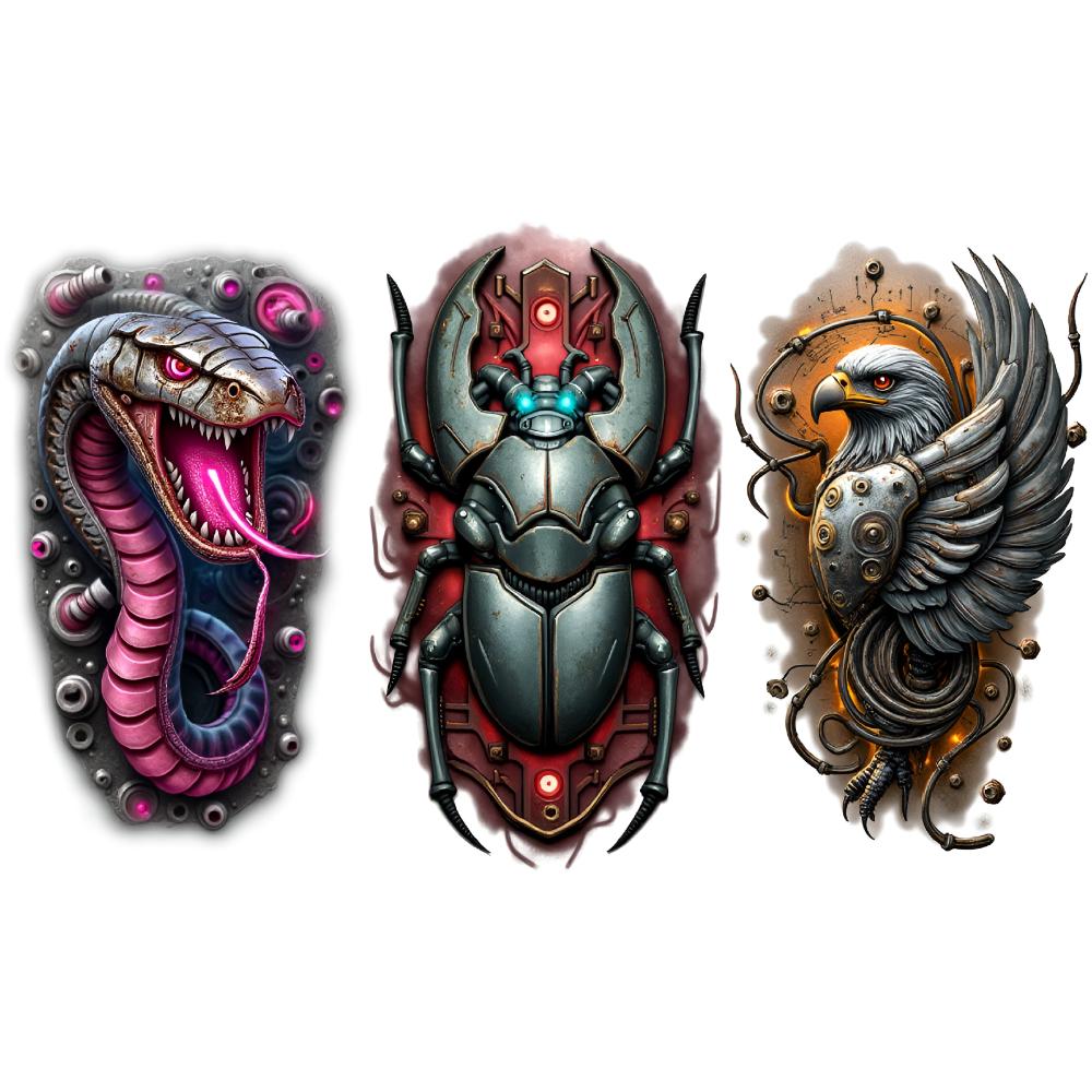 3pcs Temporary Tattoo Colorful Realism Mechanical Tree Stylized Moth Tech Wolf For Thighs Women Men