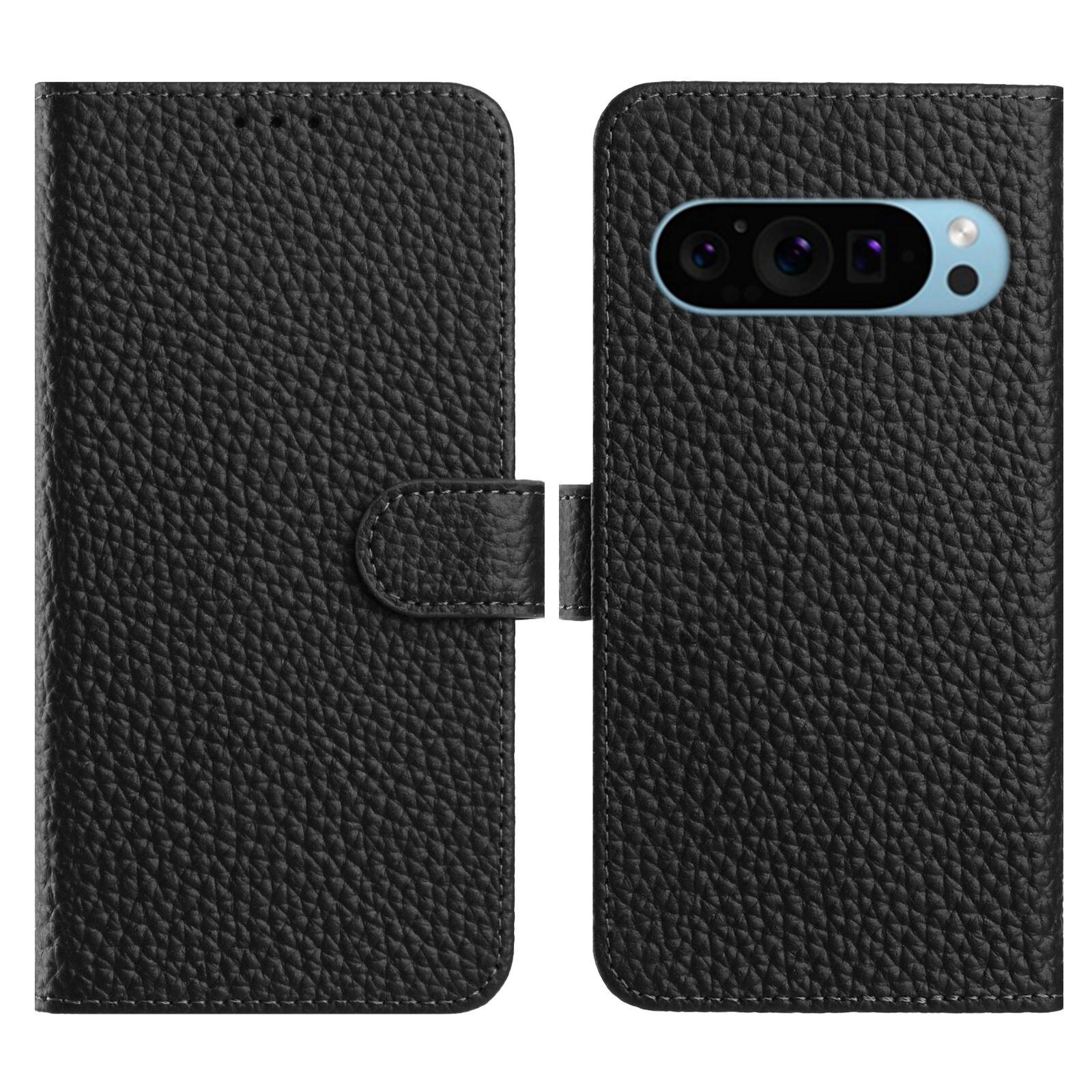 

For Google Pixel 10 Pro XL/Pixel 9 Pro XL Case Wallet Stand Litchi Texture Genuine Cow Leather Flip Phone Cover Black