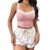 Women's 2 Piece Ribbed Pajama Set Sleeveless Lace Crop Cami Top And Tie Waist Shorts Set Summer Lounge Sleepwear Set