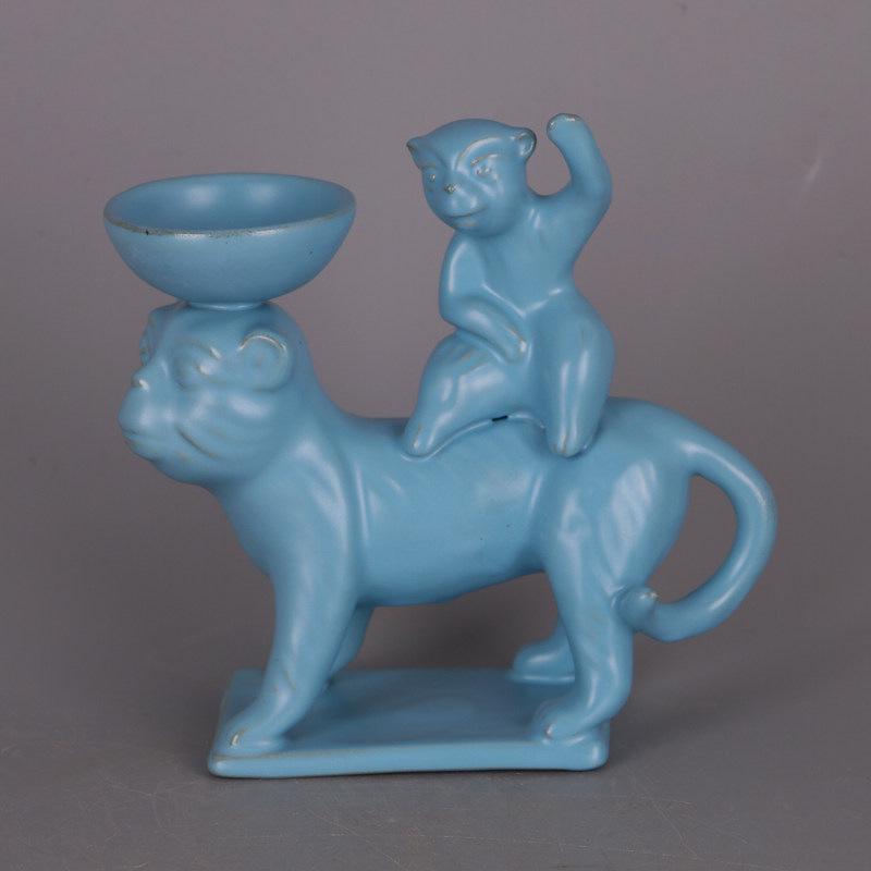 Song Dynasty Ru Kiln Style Monkey-Shaped Tiger Oil Lamp Prop - Antique Porcelain Imitation