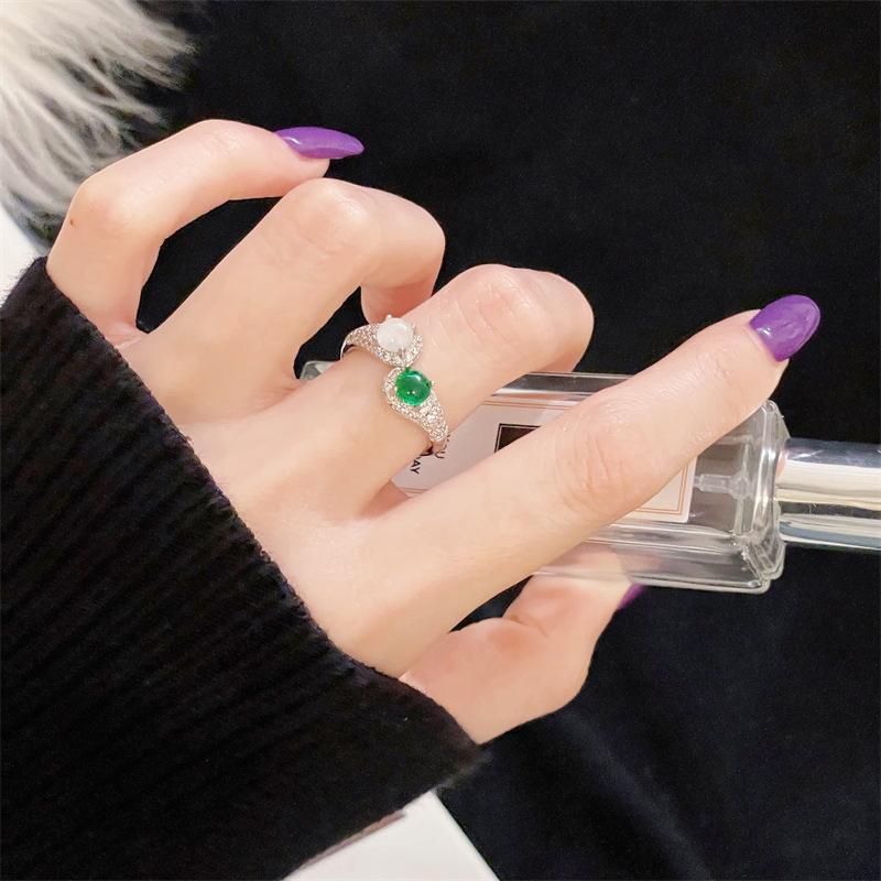New Emerald Imitation Chalcedony High-End Inlaid Zir*****Pen Ring Niche Fashion Accessories Light Luxury Super Fairy Jewelry