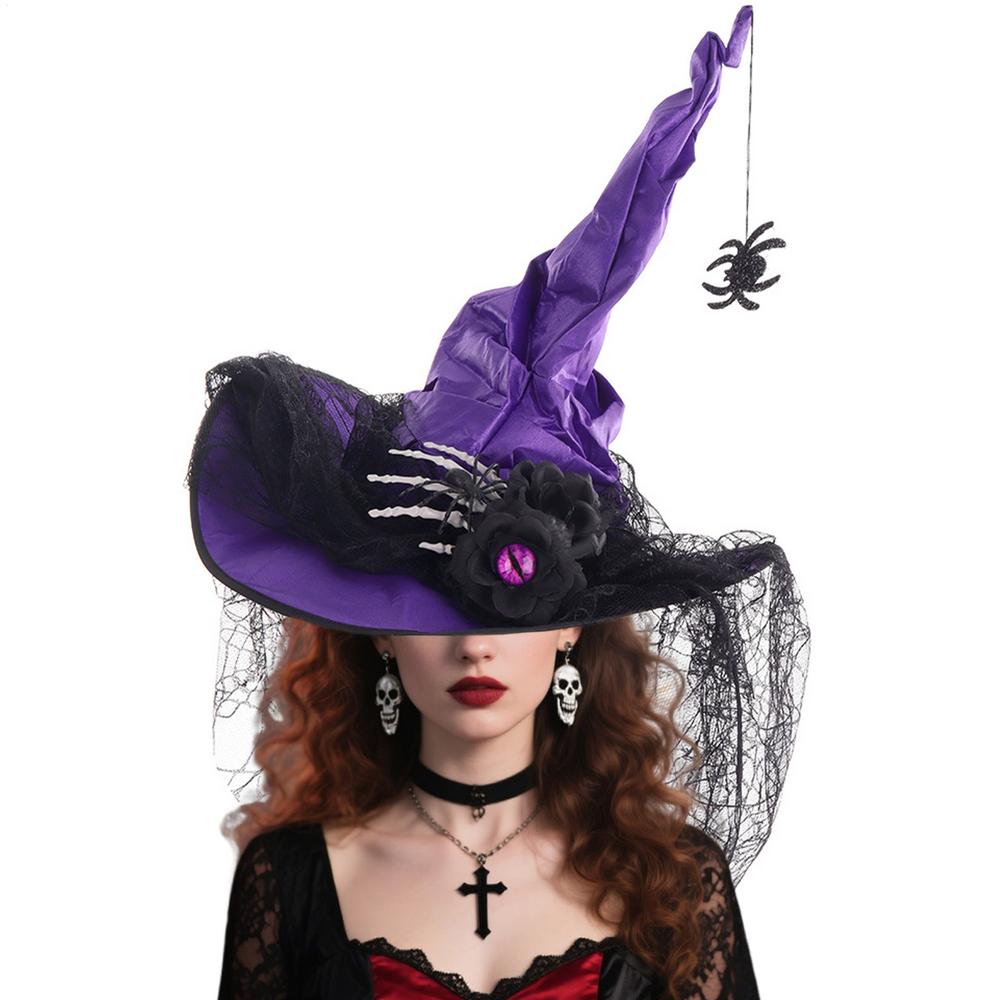Halloween Witches Hat Lace Wide Brim Pointed Headdress Halloween Spider Adult Witch Hat For Prom Masquerade Event Party Decors
