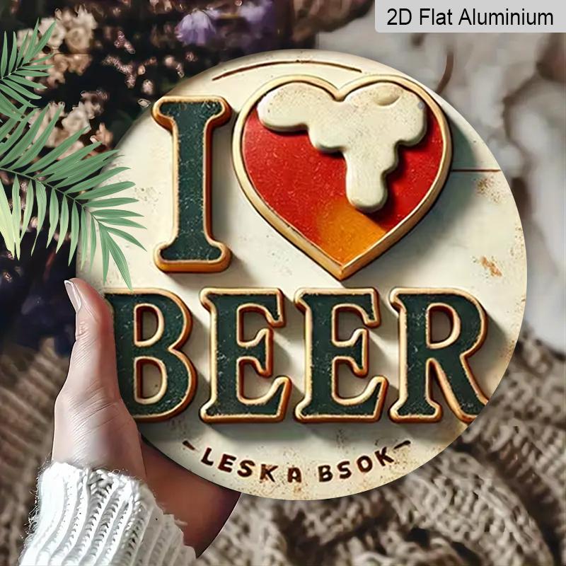 2D Flat Aluminum 7.87 Inch X 7.87 Inch Heart-Shaped Beer Mug with Hop Pattern Wall Decor. I Love Beer! Suitable for Bars, Living Rooms, Kitchens