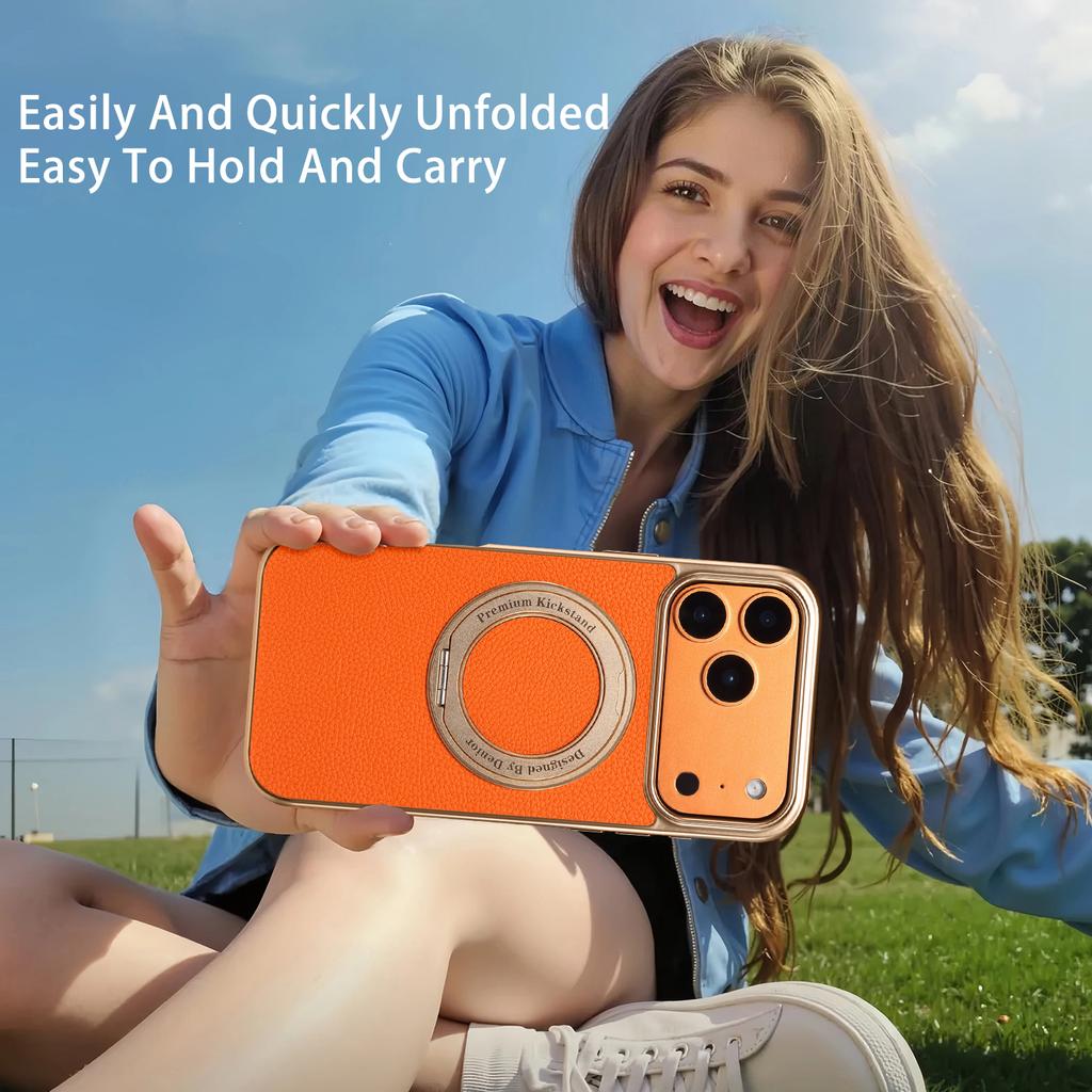 Business Leather Rotating Holder Electroplated Case For iPhone 17 ProMax 16 15 14 13 Pro Stronger Magnetic Shock Proof Cover