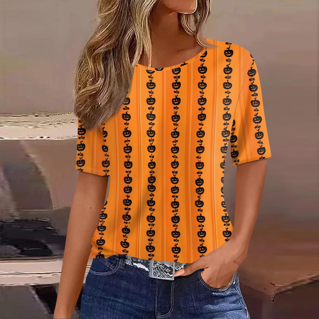Women's Short Sleeve Halloween and Pumpkin Print T-Shirt, Casual Round Neck Pullover Top for Women