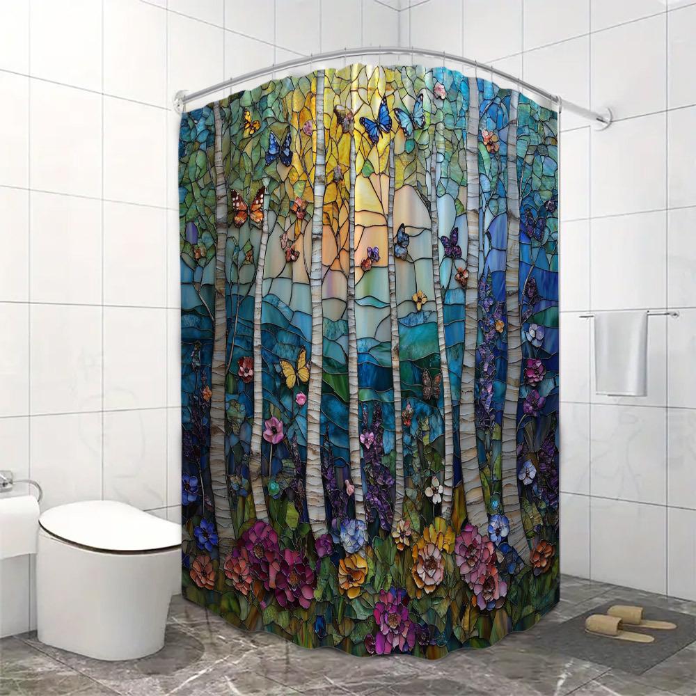Enchanted Forest with Butterflies and Flowers Waterproof Shower Curtain for Modern Bathroom Decor, Perfect for Home Use