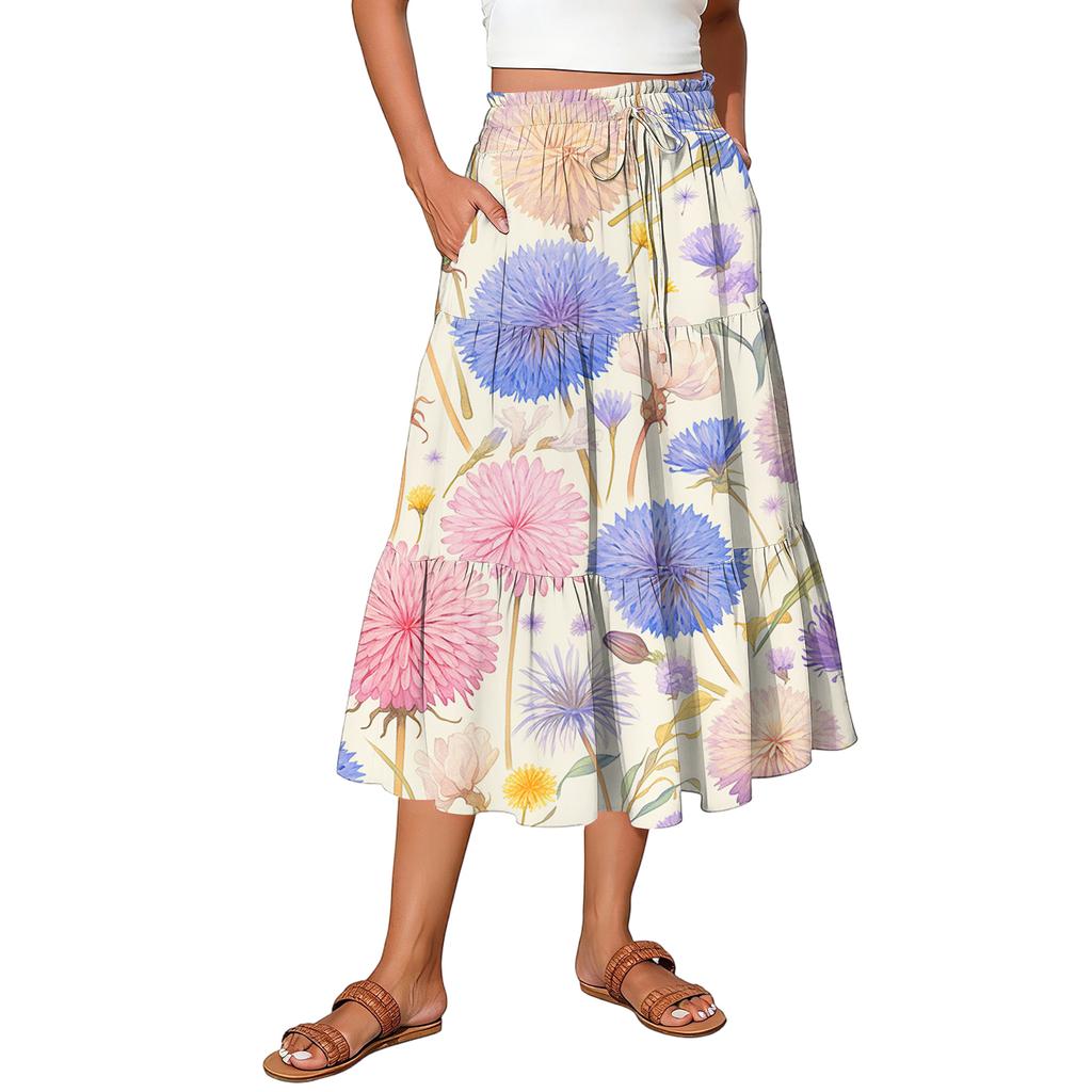 Dam Maxikjol Dragsko Hög Midja Sommar Långa Kjolar Lätta Flerskiktade Böljande Blommiga Plisserade Kjolar