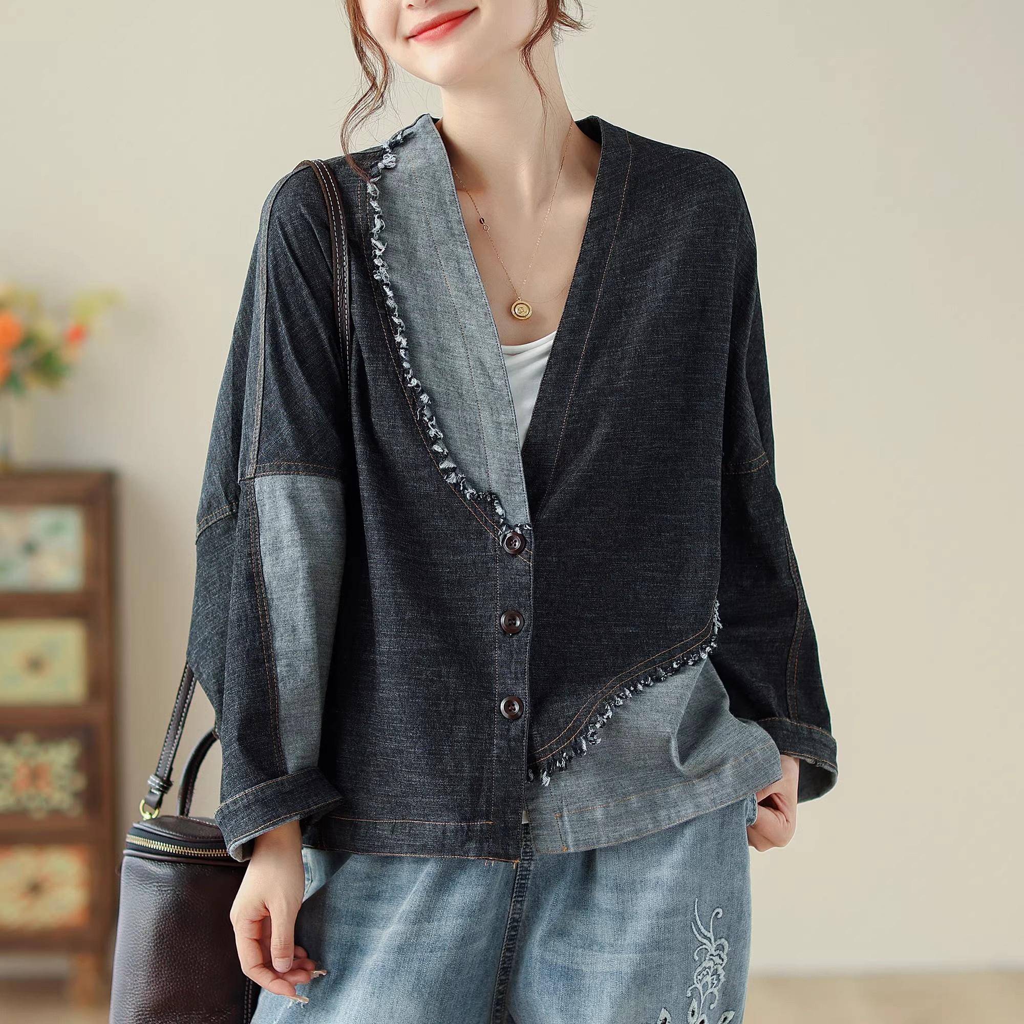 

Весенние джинсовые куртки, пальто, повседневная рубашка с длинным рукавом, женские пуговицы, свободные синие лоскутные винтажные топы с кисточками 2XL чёрный