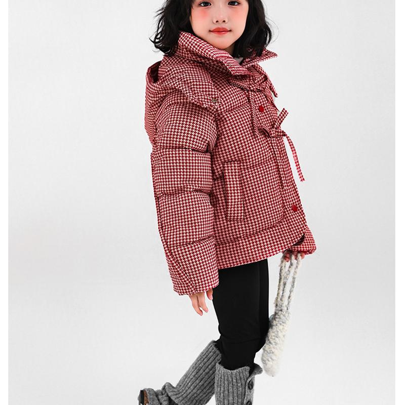 Checkered Retro Down Jacket Girls Fashionable Casual Cotton Coat Little Girl