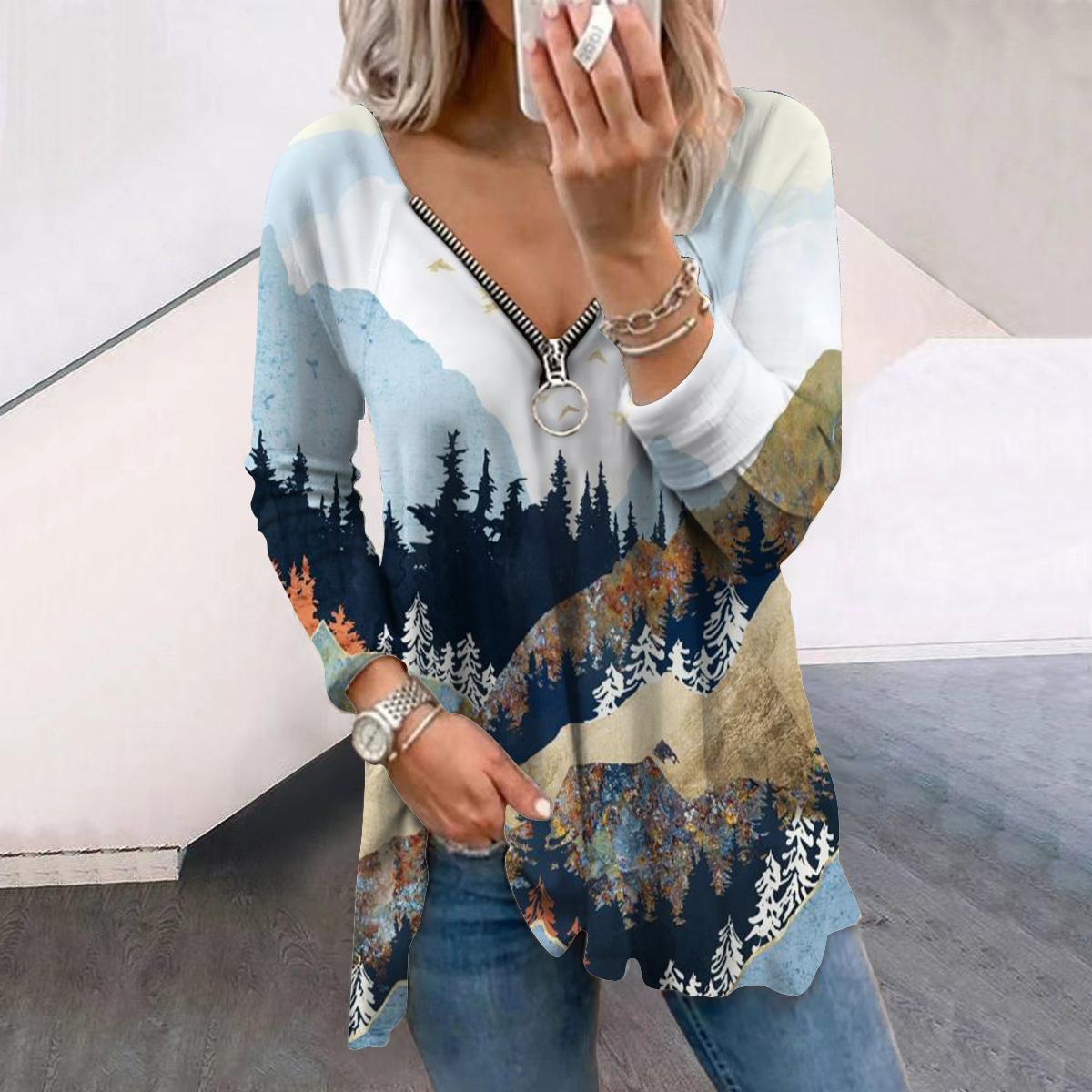 

Женские футболки с длинным рукавом и принтом «Снежные горы» свободного покроя с V-образным вырезом больших размеров, удобные блузки 8XL оранжевый