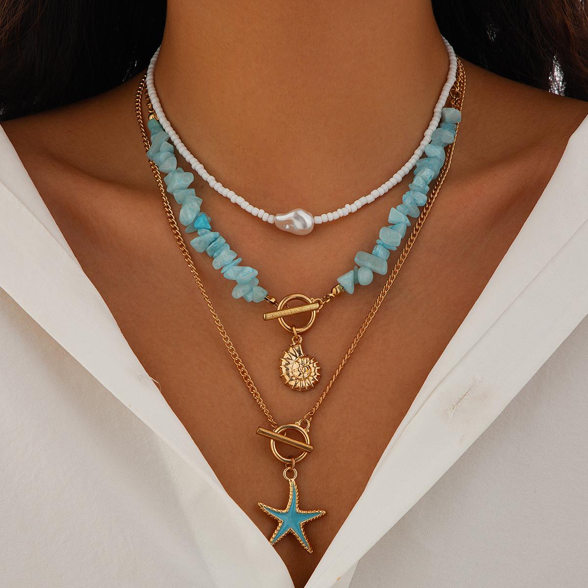 IngeSight.Z 3pcs/set Bohemian Conch Starfish Pendant Necklace for Women Trendy Rice Bead Link Chain Necklace Set Jewelry