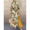 Women Autumn Winter Retro Floral Long Sleeve Swing Dress Round Neck Stitching Large