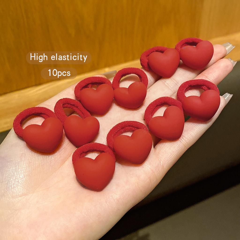 10 Red Heart-shaped Hair Rings with Sweet and Stylish Rubber Bands Suitable for Daily Use As Hair Accessories