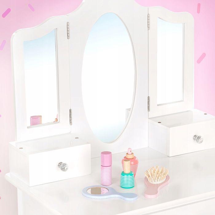 Grande coiffeuse enfant en bois avec miroirs plexi, tabouret et accessoires + tatouages (GS3302)