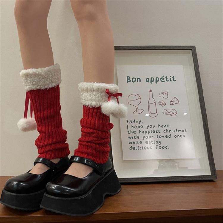 Y2K Women Knit Leg Warmer Christmas Plush Bow Furry Trim Srunch Long Boot Socks