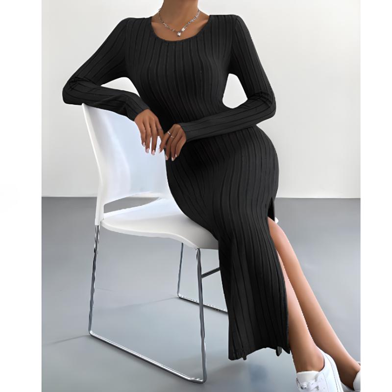 

Женское осенне-зимнее однотонное платье с длинными рукавами, сексуальное, с разрезом, длинное, повседневное, удобное, с круглым вырезом XXS чёрный