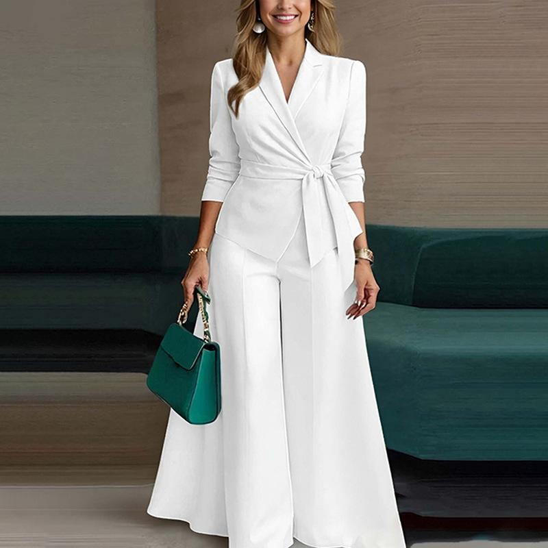 2026 spring new women s clothing, cross-border European and American fashion suit, solid color lace-up jacket and trousers two-piece suit S