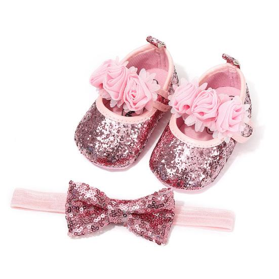 

Нескользящие туфли принцессы на мягкой подошве с розовыми блестками для маленьких девочек, повязка на голову L розовый