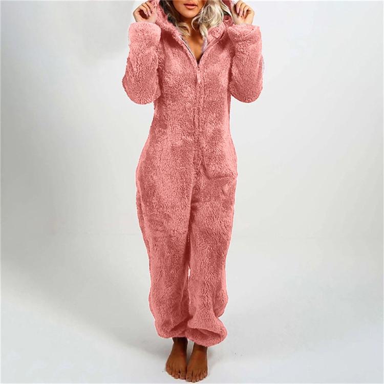 2025 European & American Autumn/Winter Women's Fleece-Lined Fur Jumpsuit Pajamas, Hooded, Available in 17 Colors