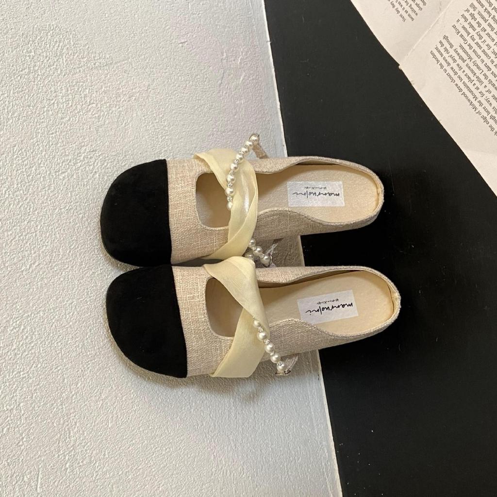 French Flat-bottomed Small Fragrant Bag Head Half Slippers Women's Shoes Wear New Summer Evening Breeze Mary Jane Single Shoes