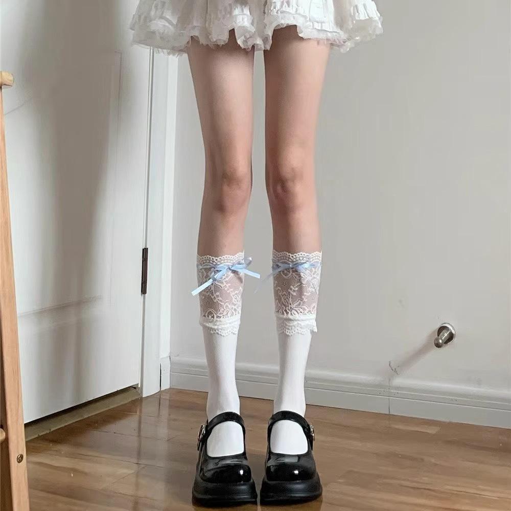 Lolita White Knee Socks Summer Thin Velvet High Thigh Socks Pure Lace Bow Stockings