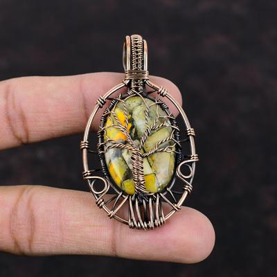 Pendente Albero della Vita Rame Bumble Bee Jasper Rame Avvolto a Filo Pendente Fatto a Mano Boho Gioiello in Rame con Pietra Preziosa Regalo Speciale per Donna