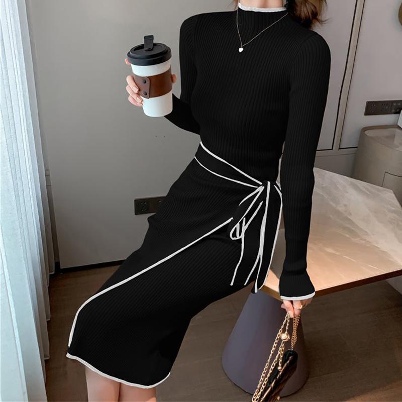 Damen Herbst Büro Stehkragen Unregelmäßiges Strickkleid Vintage Mittellanges Bandagekleid Schlanke Unterseite Langarm Pulloverkleid Winter