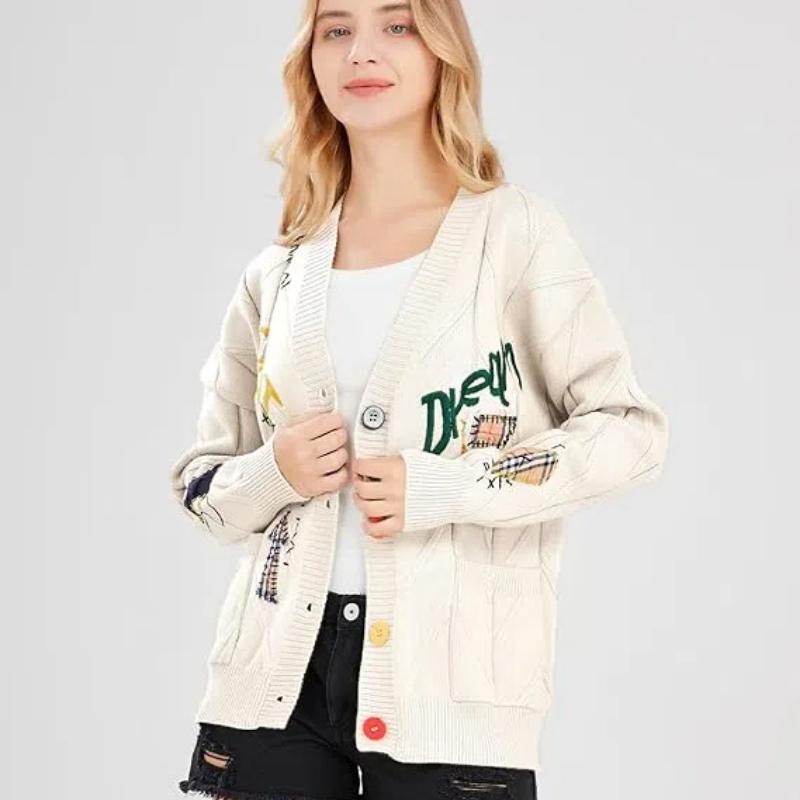 Women's Deep V-Neck Button Down Embroidery Wool Blend Sweater Coat Outwear Embroidered Lazy Style Loose Fit Knitwear with Letter Design