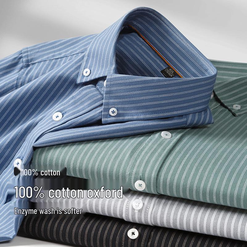 Autumn/Winter Men's Striped Cotton Oxford Shirt - Casual, Breathable, Long Sleeve, Wrinkle-Resistant.