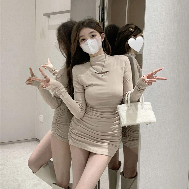 Autumn and Winter Design Hollow-out Half-turtleneck Dress for Women, Korean Style Spicy Girl Fitted Inner Layer, Slimming Pencil Short Skirt