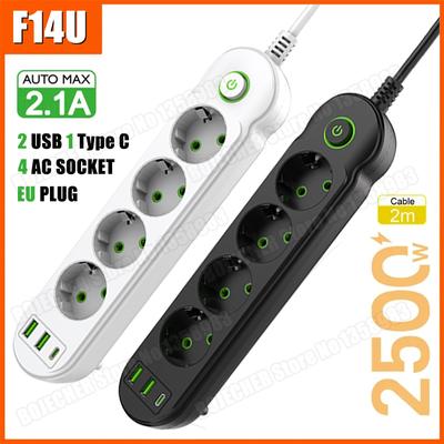 Régua de Tomadas com Plugue UE Cabo de Extensão 2M Multiprise 4 Tomadas CA Tomada Elétrica com 2 USB 1 Tipo-C Filtro de Rede Carregamento Rápido