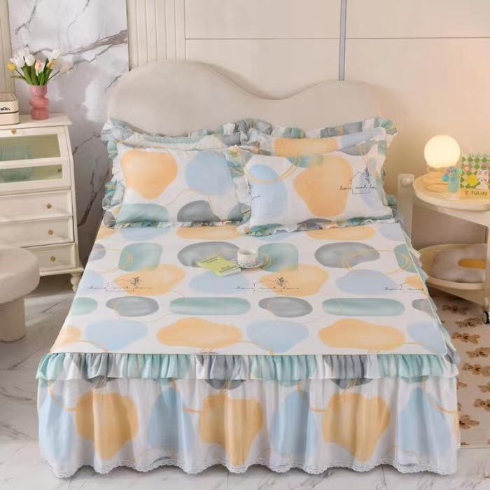 3pcs Sheet Set High Grade 100% Cotton Printed Bedspread King Queen Size Cute Pure Cotton Thick Bed Skirt with 2pcs Pillowcase