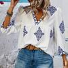 Summer New Fashion Printed V-neck Loose Blouse Women Seven Quarter Sleeve Casual Women's Shirts Tops Vintage Simple Slim Fit Female Blouses 26426