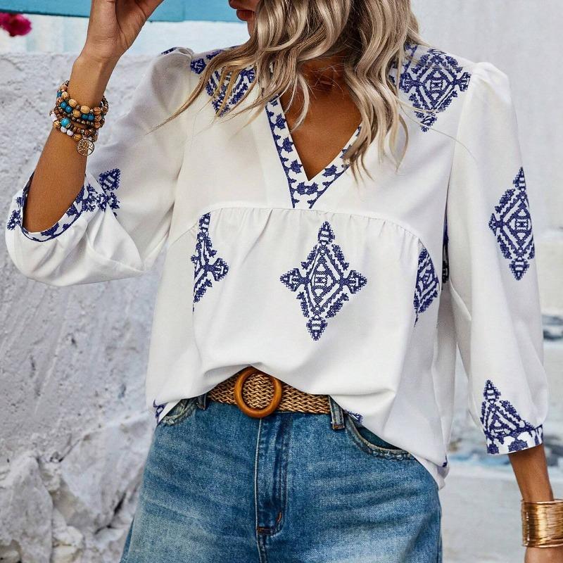 Summer New Fashion Printed V-neck Loose Blouse Women Seven Quarter Sleeve Casual Women's Shirts Tops Vintage Simple Slim Fit Female Blouses 26426