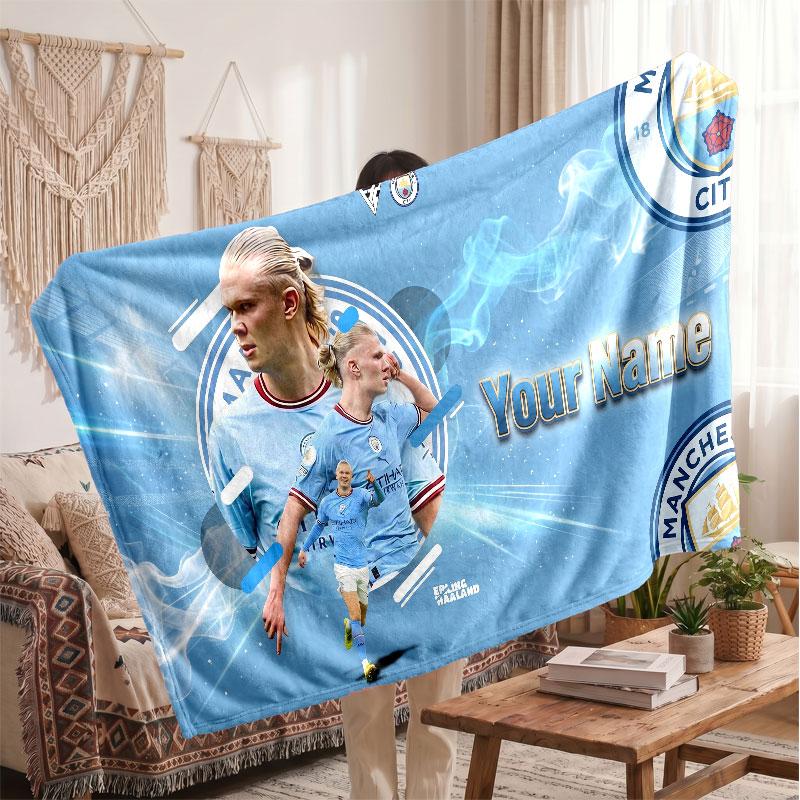 Erling Haaland Personalisierte Fleecedecke Mit Fußballlogo, Individueller Name Text Weich Warm Wohnzimmer Überwurfdecke