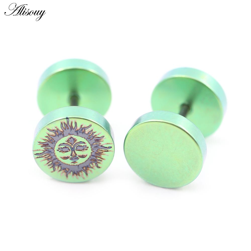 

Alisouy 2 шт. зеленые титановые соты солнце луна звезда череп лицо тыква голова унисекс гантели штанга пирсинг серьги-гвоздики F Green Sun