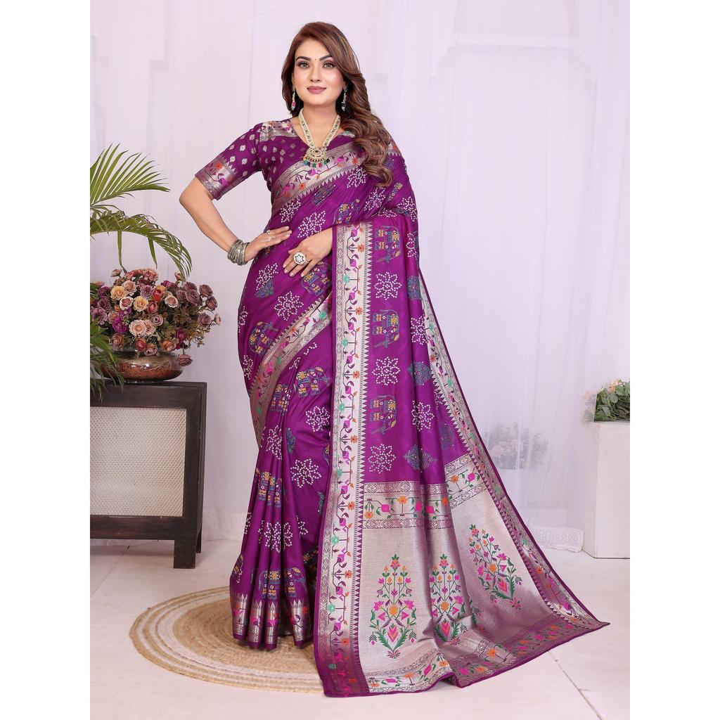Sari Bandhej Khadi Imprimé en Soie Dola Douce et Légère, Sélectionné à la Main – une Fusion Parfaite de Tradition et d'Élégance Vibrante