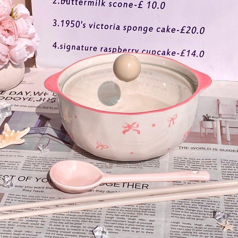 High-Value Ceramic Noodle Bowl with Lid: Super Fairy, Bowknot Design, High-Temperature Resistant, Perfect for Instant Noodles and Rice.