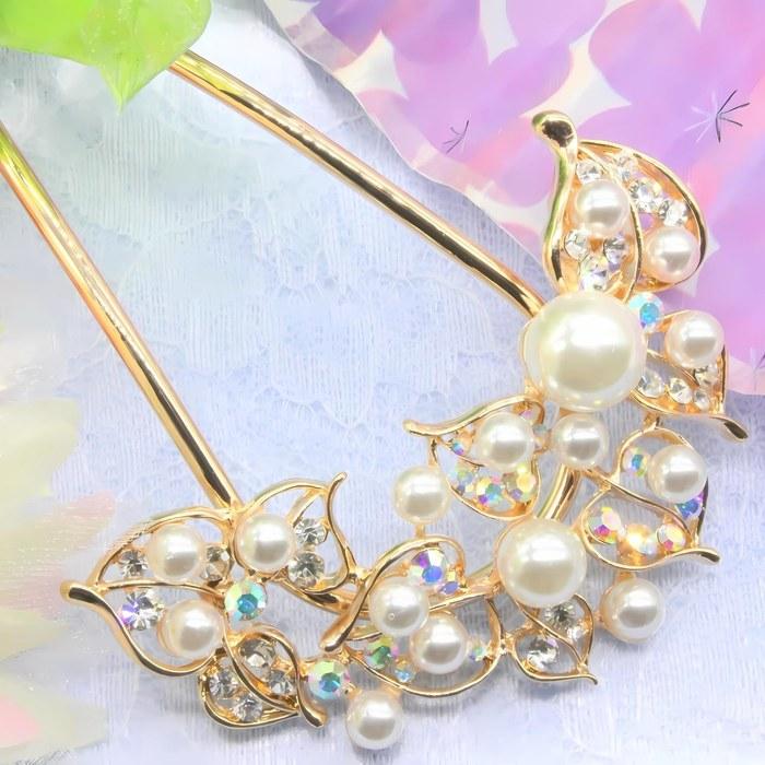 [Miaomyao] Hairpin U-Shaped Hair Ornament Japanese Style Yukata Kimono Pearl Hair Comb Elegant Hair Accessory Pink Gold Large Size