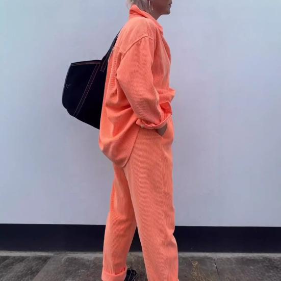 2 peças/conjunto feminino camisa calças conjunto turn-down colarinho simples trespassado mangas compridas solto