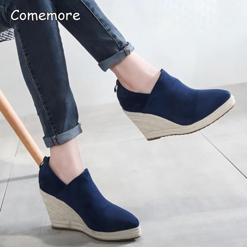 Women's Wedges Heel Ankle Boots Pointed Toe Platform Sole Espadrille Straw Design Fashion Bohemian Casual Booties Botas Mujer