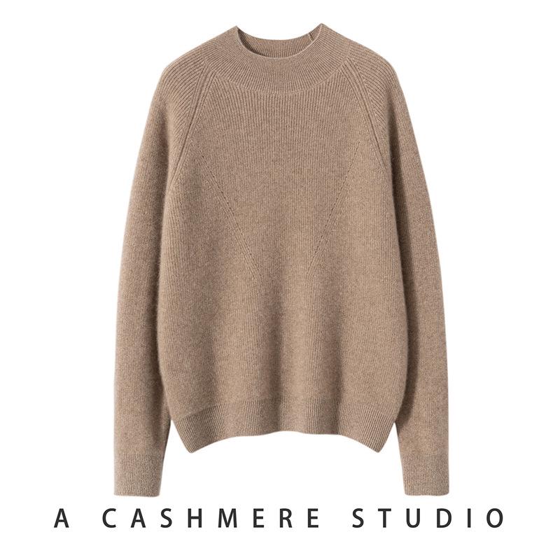 Autumn & Winter High Neck Ribbed 100% Cashmere Loose Knit Sweater
