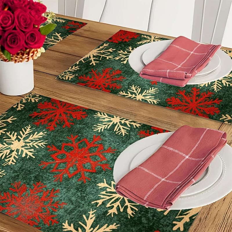 4-Pack Festive Christmas Placemats, 100% Polyester Knit Fabric, Machine Washable, Rectangle Table Mats with Green Red Snowflake Design, 12x18 Inch, Ho