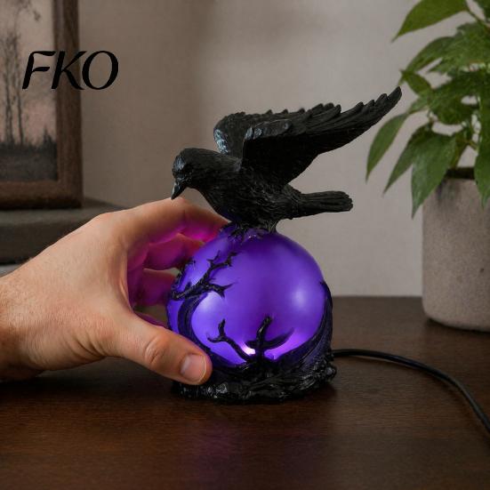 Decorative Resin Light Gothic Raven LED Ball Lamp, Mysterious Crow On Orb Sculpture, Perched Figurine Halloween Table Lamp for Bedside Bedroom Living