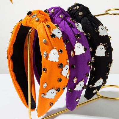 Halloween Fabric with Diamond Studded White Ghost Alloy Accessories Fashionable Knotting Party Hair Accessories For Women