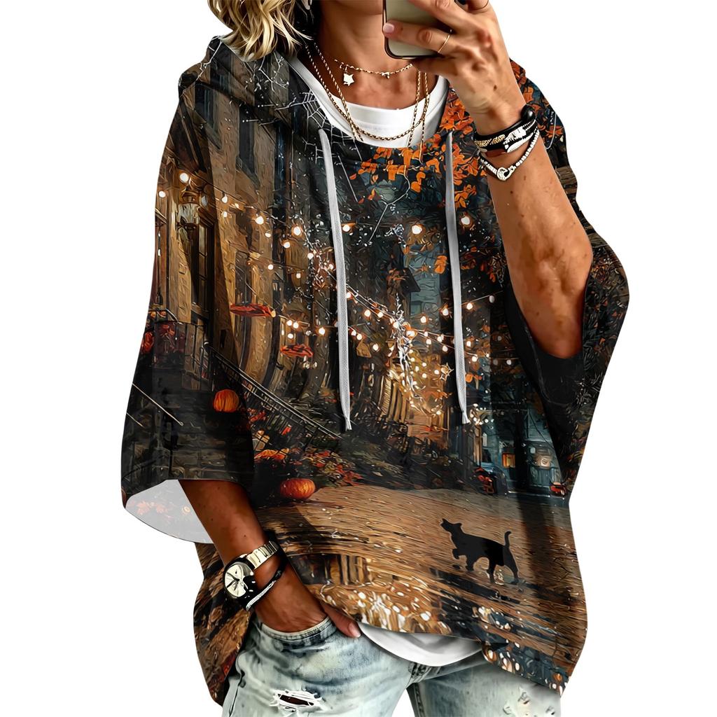 Women's Halloween Print Hooded Pullover Top with 3/4 Sleeves