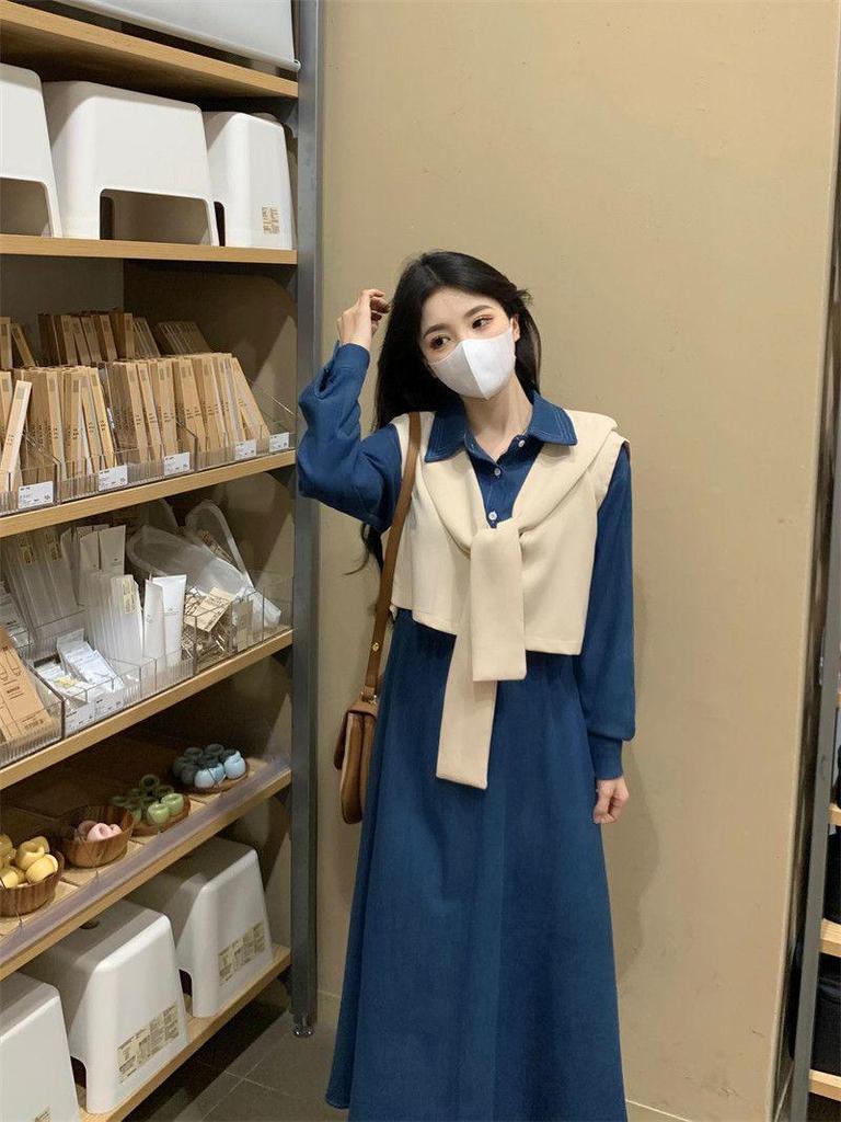 Elegant Denim Blue Dress for Women - New Autumn Slimming Preppy Style Two-Piece Vest and Skirt Set