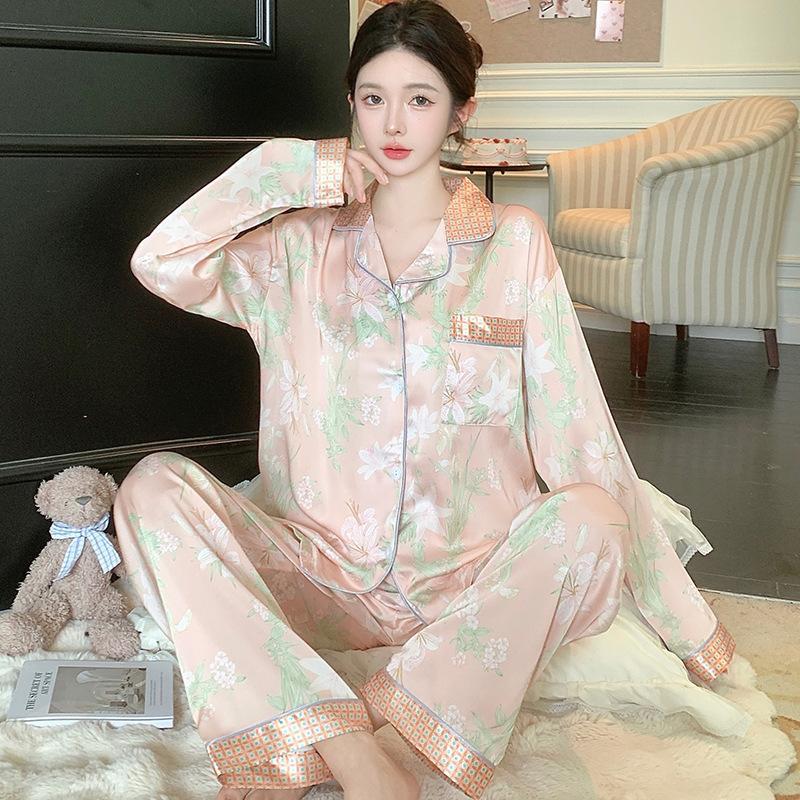 French Cute Cat Ice Silk Pajamas Women'S Spring And Autumn Sweet Wind Cool Long-Sleeved Loungewear Suit Can Be Worn Outside