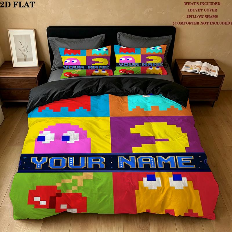 Custom Name,Pac Man Pattern Bedding Home Decoration Birthday Gift ( 1 Duvet Cover + 2 Pillowcase, Without Core),fan Merchandise.